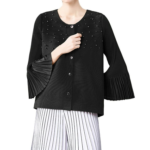 STETMN Women's Crew Neck Shirt Dressy Pleated Bell Sleeve Tops Elegant Fall Button Blouse