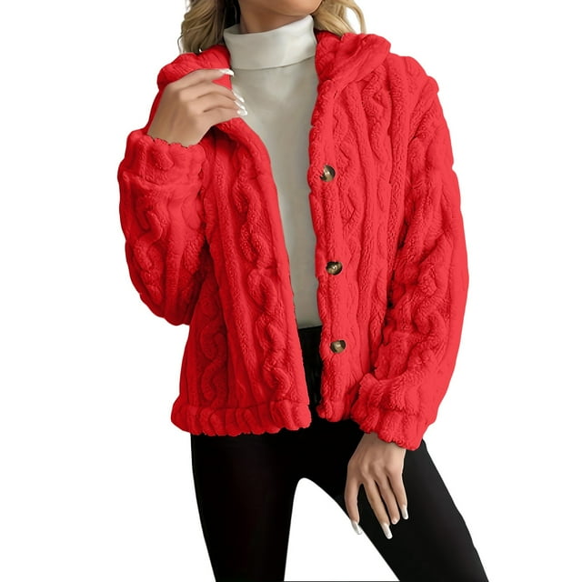 Breezora Women's Reversible Fleece Coat Winter Warm Stand Collar Button Down Twisted Design Jacket XXL Size Red