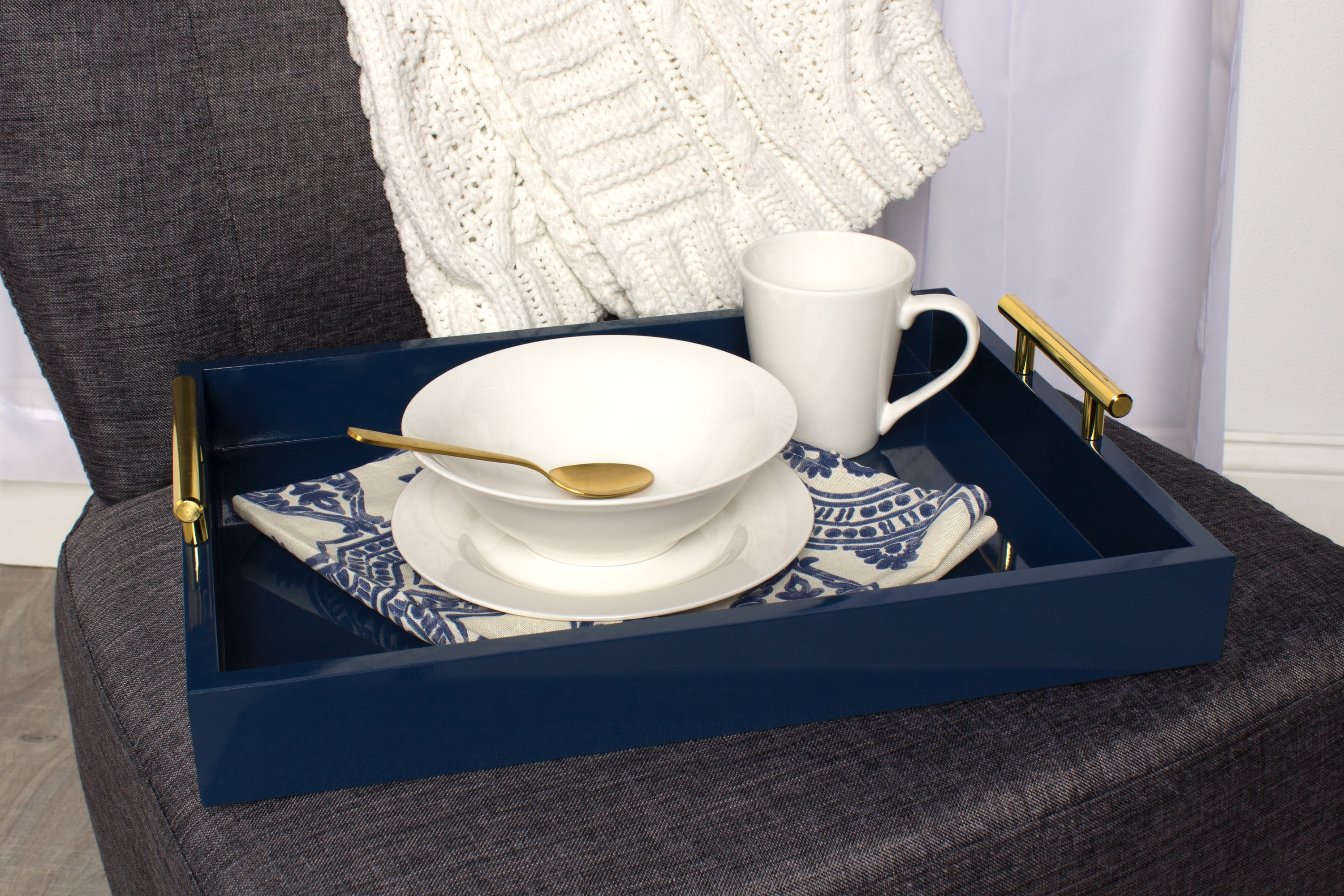 Kate and Laurel Lipton Decorative Tray with Polished Metal Handles, Navy Blue and Gold