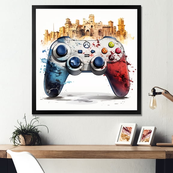 Designart "Cityscape with Video Game Controller" Fashion Framed Wall Art Decor - Modern Red Video Games Entryway Framed Wall Art