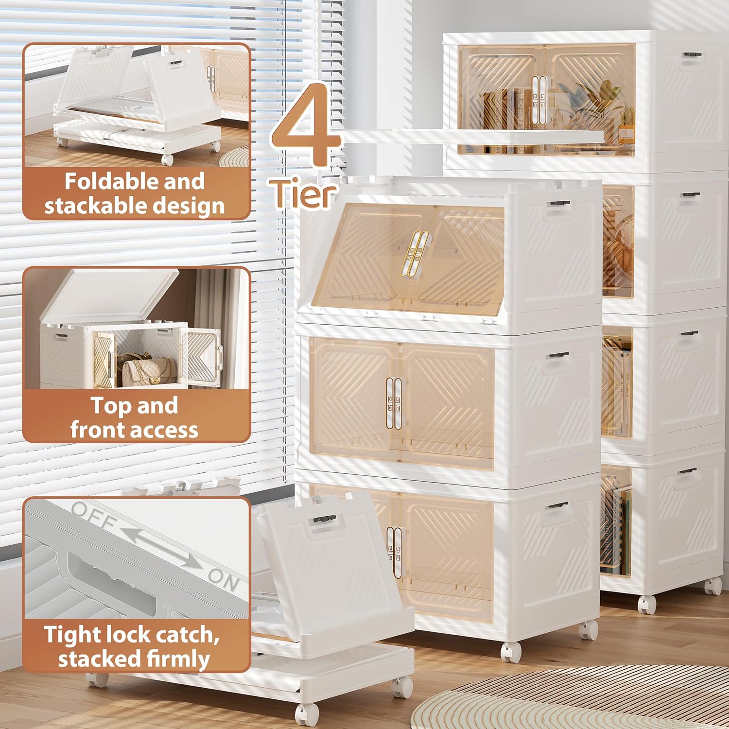 Storage Bins with Lid 4 Pack 76QT, Stackable Storage Containers with Wheels and Magnetic Doors, Plastic Clothes Closet Organizers and Storage Box for Home and Office