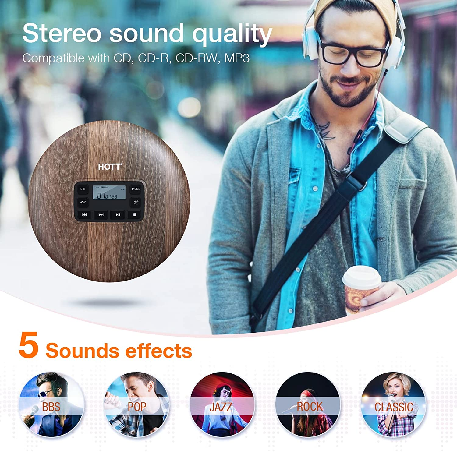 HOTT Portable CD Player CD611 Small Walkman CD Player with Stereo Headphones USB Cable LED Display Anti-Skip Anti-Shock Personal Compact Disc Music Player Wood - image 3 of 6