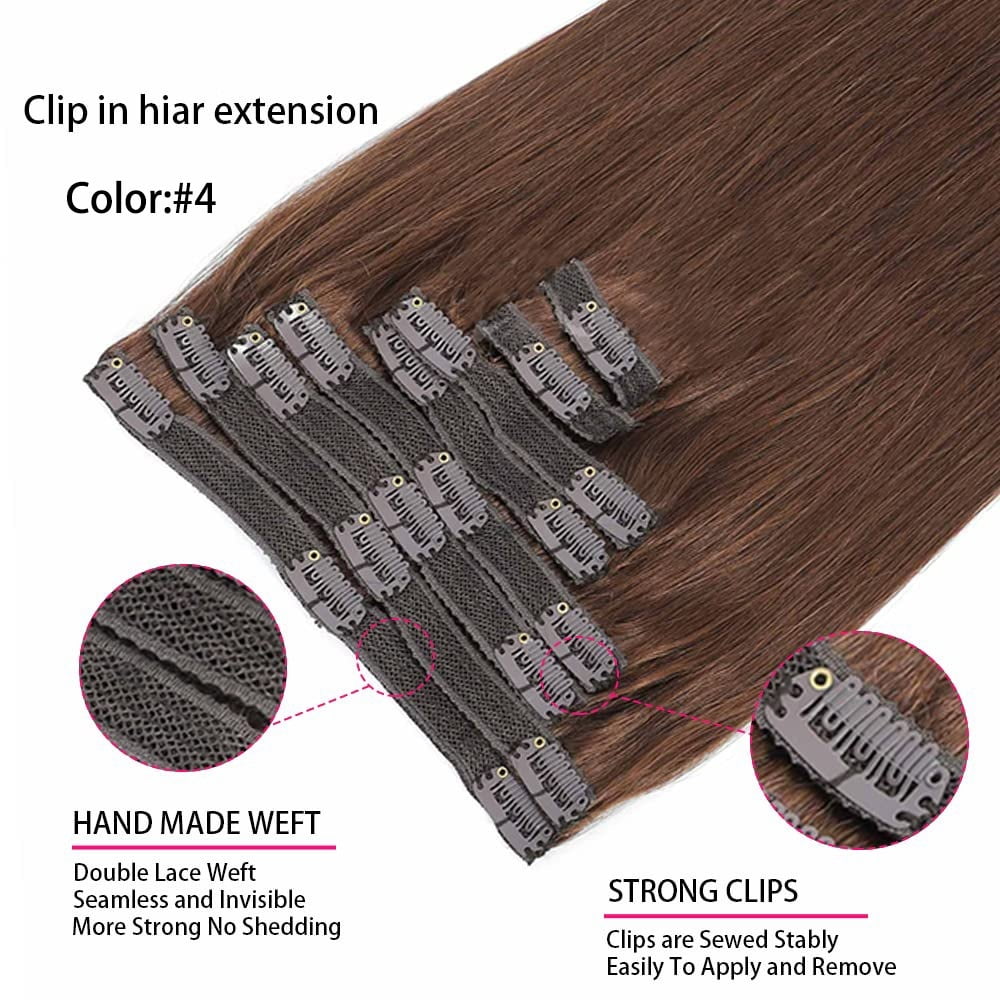 Clip in Human Hair Extensions Brazilian Remy Hair 10-26inch 120g 8Pcs Silky Straight Real Human Hair Clip in Extension #4 Brown Real Hair Extensions