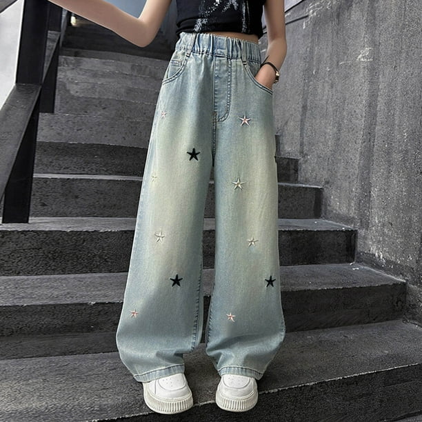 Cowsor Girls Baggy Jeans Distressed Denim Pants Elastic Waist Wide Leg Jeans for Girls Kids Loose
