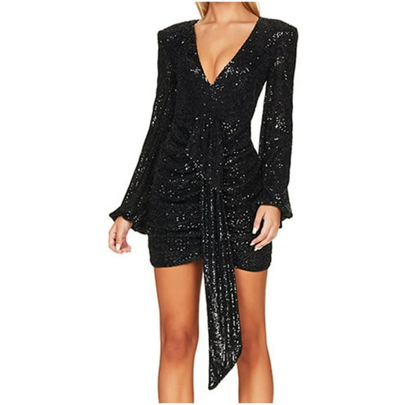 Womens V-Neck Sparkly Sequin Mini Dress Club Party Long Sleeve Shorts Dresses Glitters Ruched Dresses With Belt