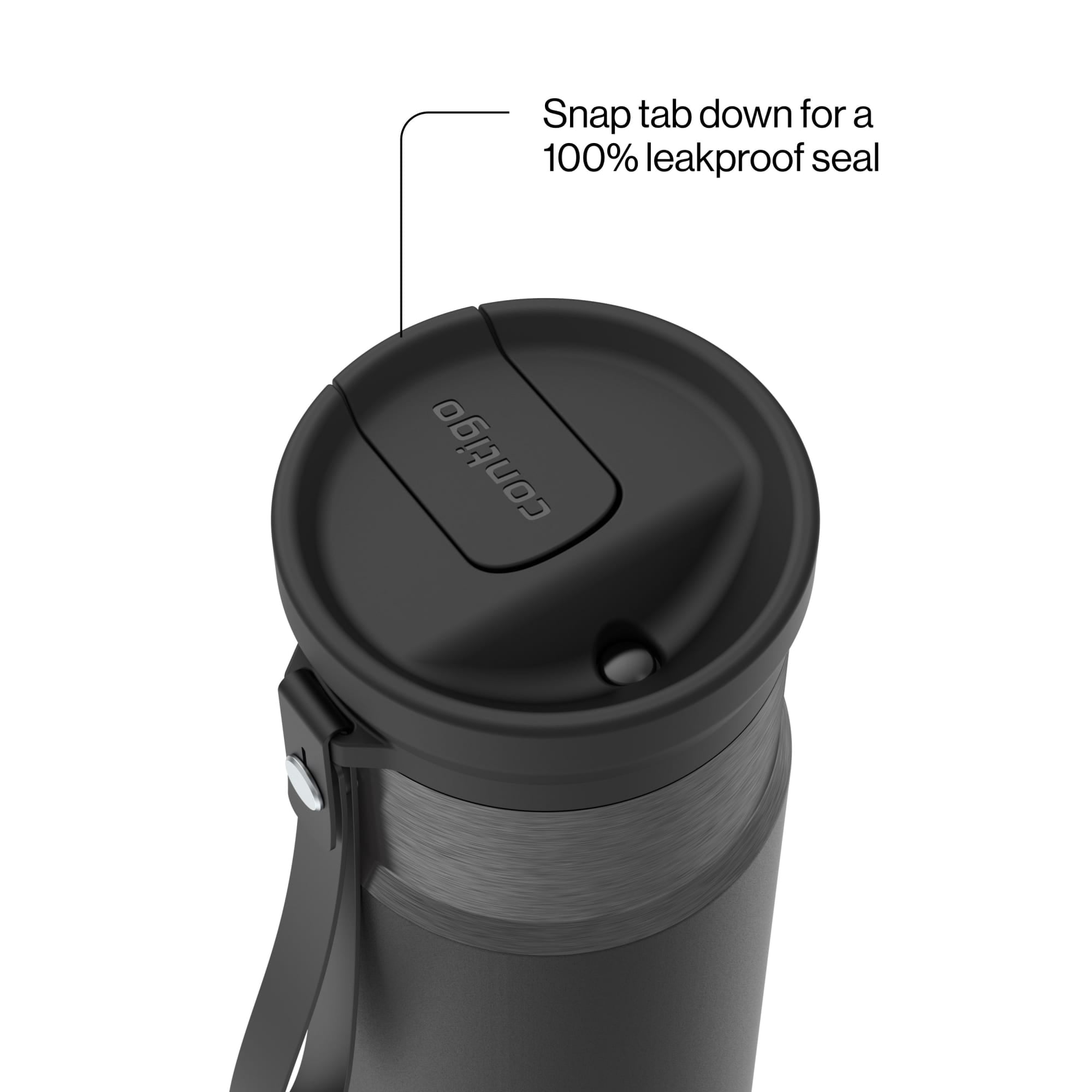 Contigo SnapSeal Leakproof Stainless Steel Reusable Water Bottle with Carrying Strap, Black/Silver, 16 oz
