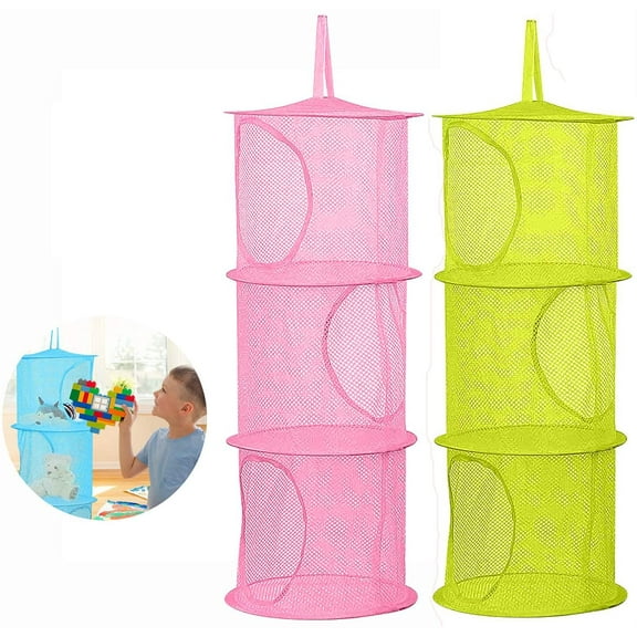 2 Pcs Hanging Mesh Stuffed Animal Storage Hammock Net, Foldable Toy Storage Organizer 3 Compartments Net for Stuffed Animals Corner for Boys, Girls, Gloves, Hats, Socks