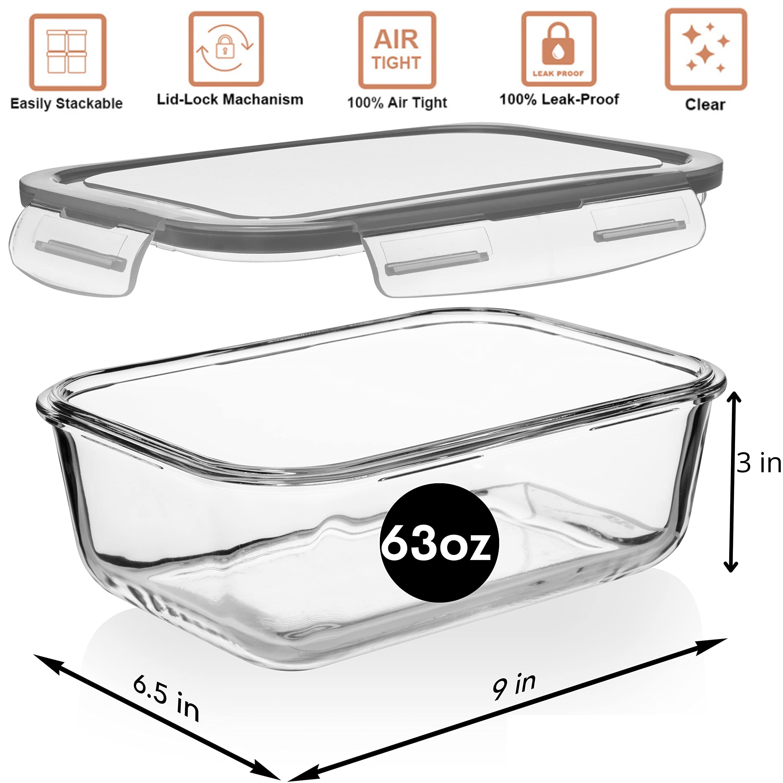 Gray 4 Piece 63 Oz 8 Cup Glass Food Storage Containers with Locking Lids