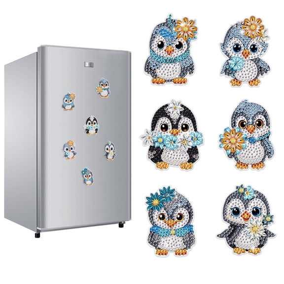 6pcs Diamond Painting Kit Fridge Magnets Penguin DIY Glitter Magnetic Stickers Creative Fridge Decor for Kitchen and Holiday Gifts