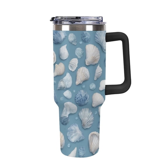 40 oz Insulated Tumbler with Handle, Leak-Proof Straw Lid, Stainless Steel Travel Mug for Car & Road Trips - Blue Seashell