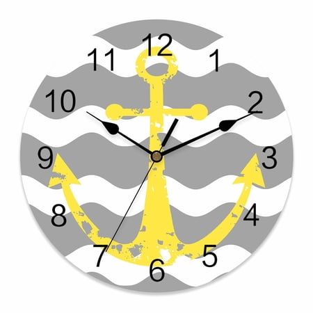 14 Inch Yellow Nautical Wall Clock, Anchor Grey Wavy Stripes Battery Operated Silent Non Ticking Clocks, Easy to Read Round Wall Clock for Kitchen/Living Room/Bedroom/Bathroom