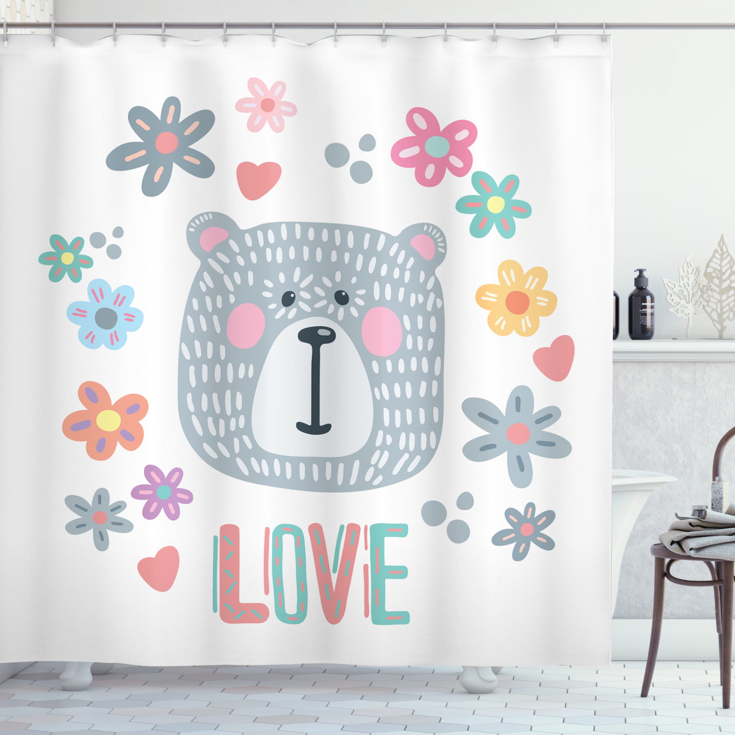 Funny Camping Bear Shower Curtain Set Bathroom Waterproof Fabric Hooks 71x71" 