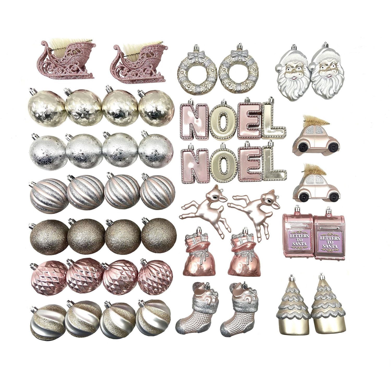 Lot de 50 décorations emblématiques de Noël incassables, argent/rose/or