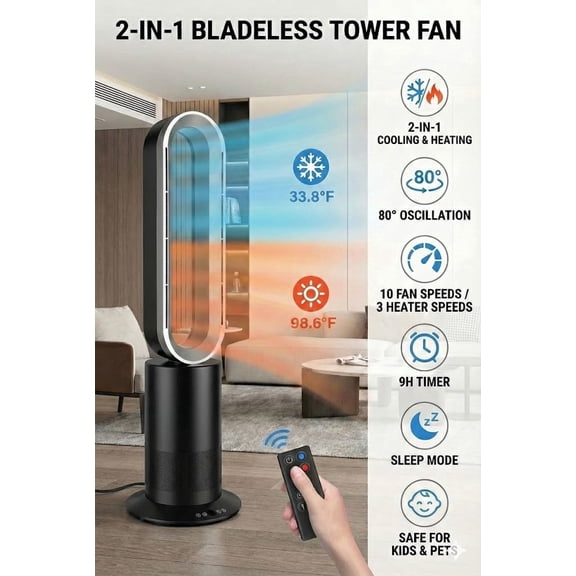 Simple Deluxe 2-in-1 Bladeless Tower Fan Heater & Cooling Fan with Remote, 80° Oscillating Quiet Space Heater Fan for Bedroom, Living Room, Office