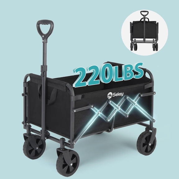 Sekey 220LBS Collapsible Heavy-Duty Wagon, 120L Large Capacity Foldable Cart with All-Terrain Wheels for Outdoor, Shopping,Black