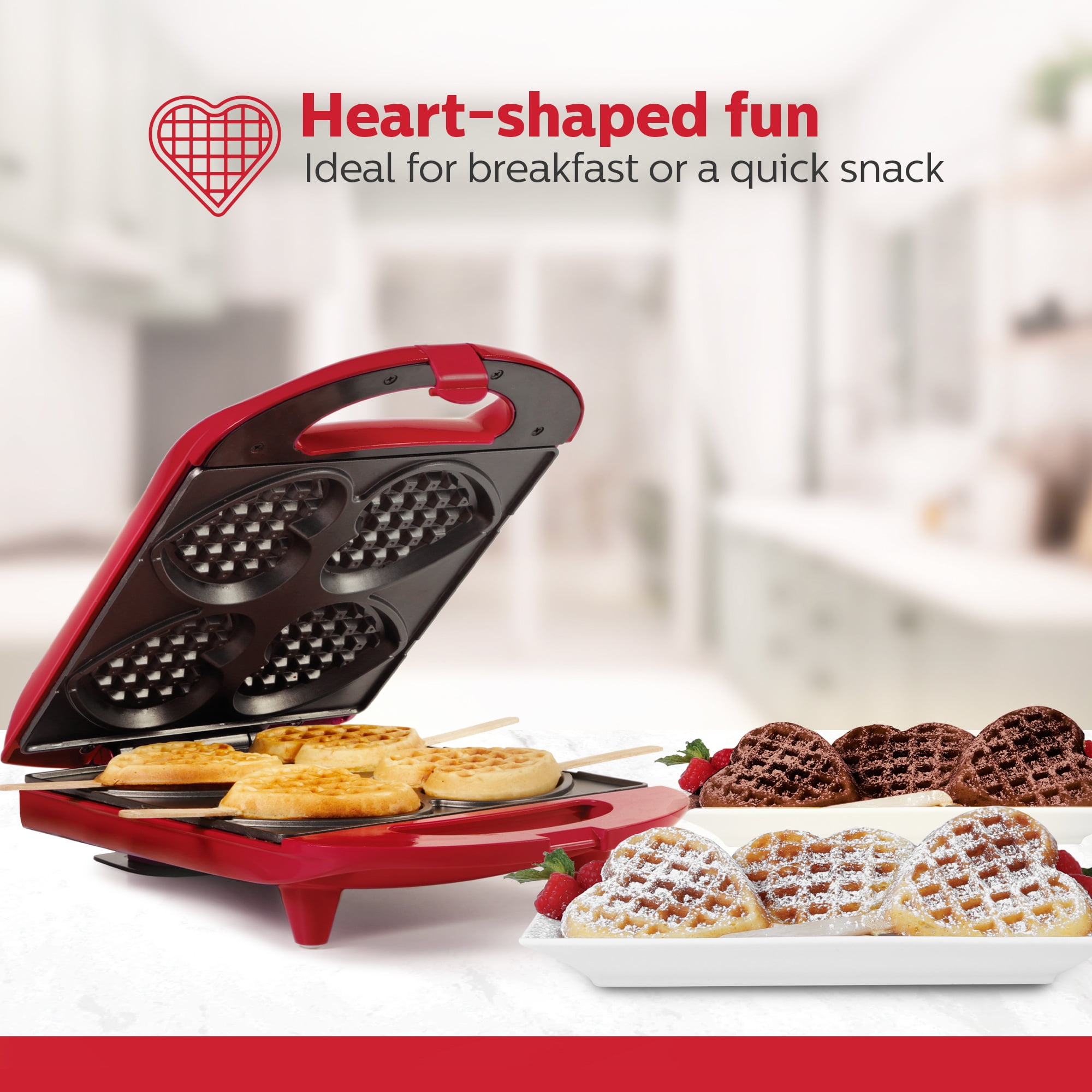 Holstein Housewares 4-Section Heart Shaped Waffle Maker, Red