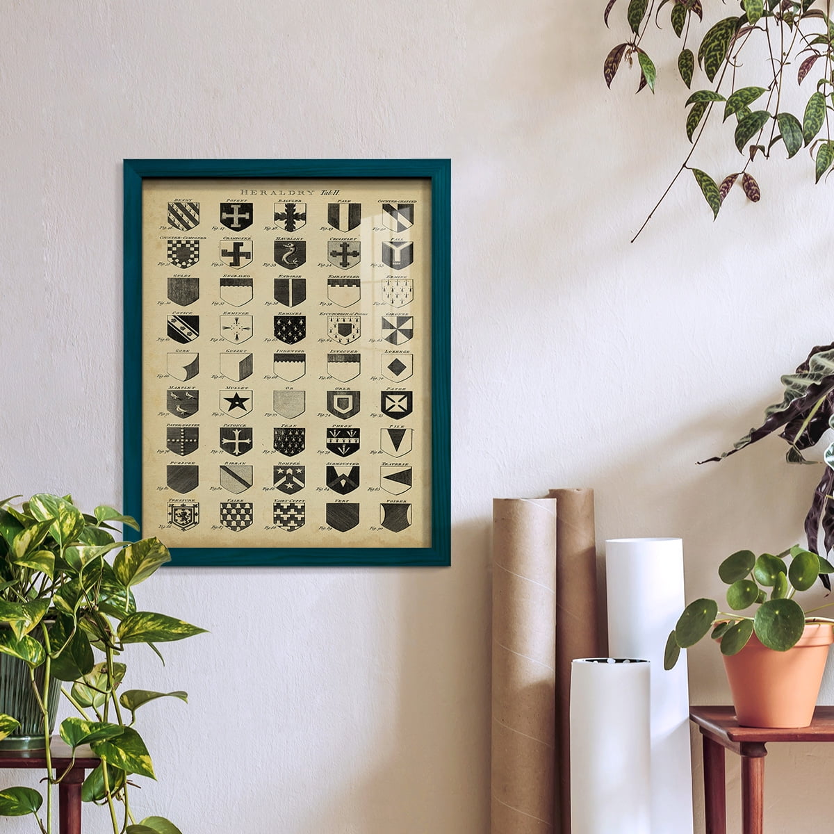 Vintage Heraldry II -Framed Print w/glass-Ocean Blue