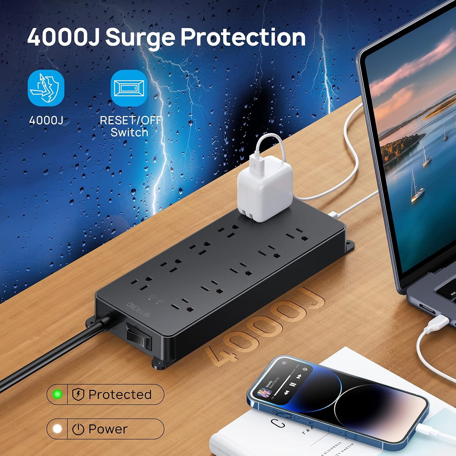 TROND Power Strip Surge Protector, ETL Listed, Flat Plug 15ft Long Extension Cord, 10 Widely Spaced AC Outlets, 2 USB A & 2 USB C Ports, 4000J, Wall Mount/Screw On, Under Desk/Cabinet/Counter, Black