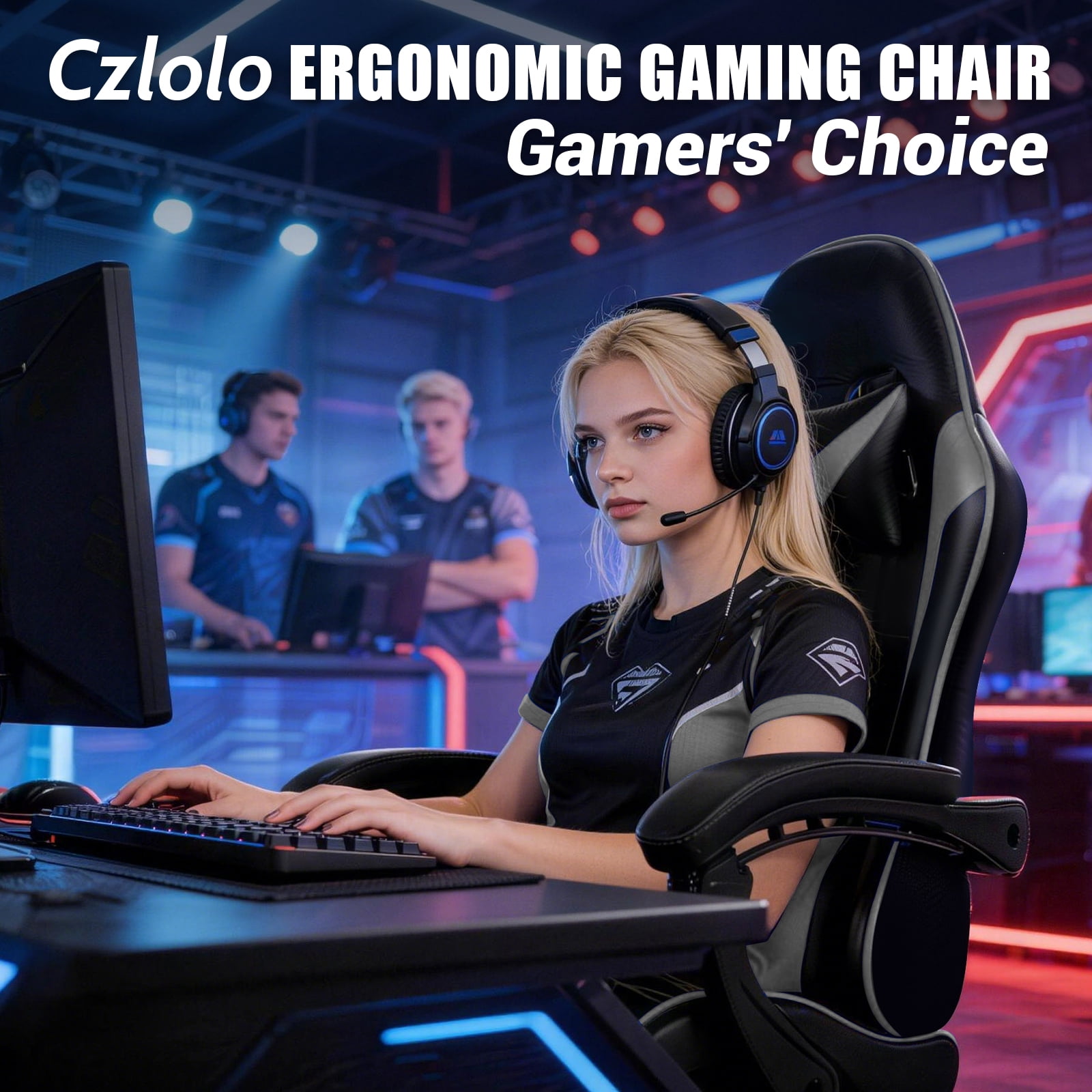 Czlolo Gaming Chair, Lumbar Massager Game Chairs, High Back Reclining, with Headrest Gamer Office Chair.(Gray)
