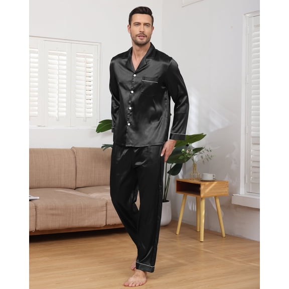 Mens Silk Pajamas Set Long Sleeve Satin Pajamas Set for Men 2 Piece Mens Button Down Pajamas Set with Long Pants Mens Silk Loungewear Sets with Pockets, S-XXL