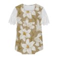 thumbnail image 4 of Wycnly Womens Tops Dressy Casual Going out Elegant Lace Patchwork Loose Pleated Swing Tunic Tees Shirts Summer Short Sleeve Round Neck Tops Feather Print Blouse Yellow s, 4 of 5