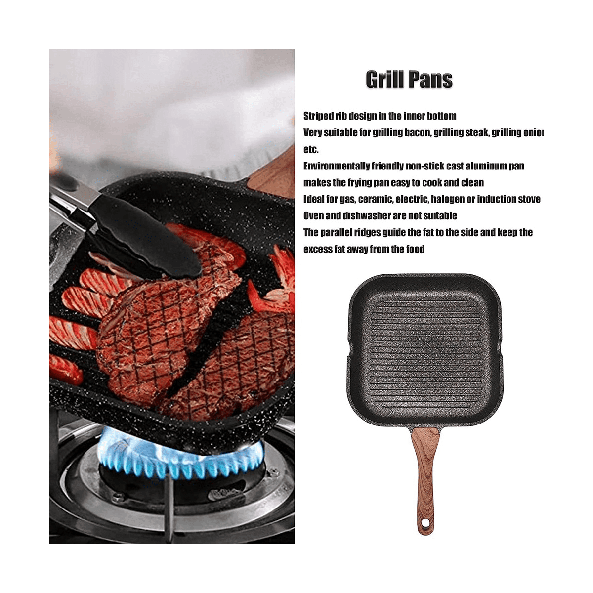 Grill Pan for Stove Tops, Nonstick Induction Pan Aluminum Induction Steak Bacon Pan Frying Pan for Gas, Ceramic,24cm