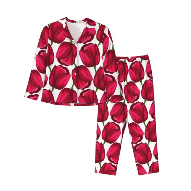 Fotbe Tulips Flowers Conjunto de Pijama de Manga Larga para Mujer con Estampado, Ropa de Dormir de 2 Piezas, Conjunto de Casa Suave y Cómodo con Bolsillos-X-Large