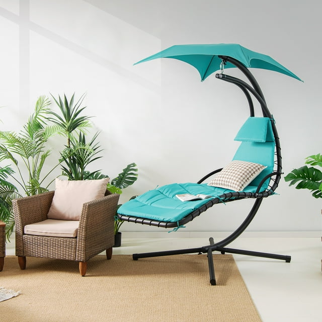 Costway Patio Hanging Lounge Chaise Hammock Chair Removable Canopy Turquoise