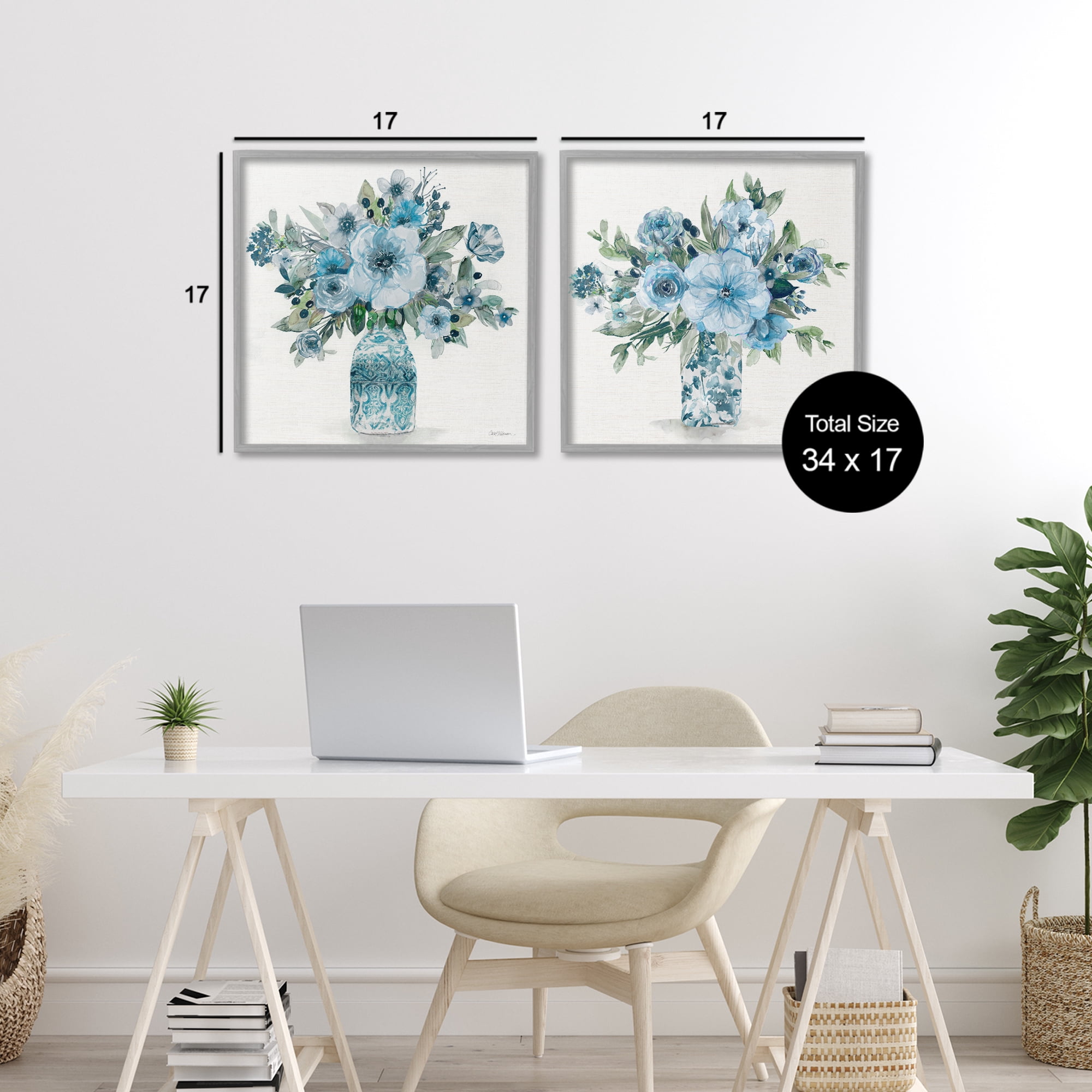 Stupell Industries Pastel Blue Floral Vase Arrangements 2 Piece Gray Framed Giclee Art Set, design by Carol Robinson