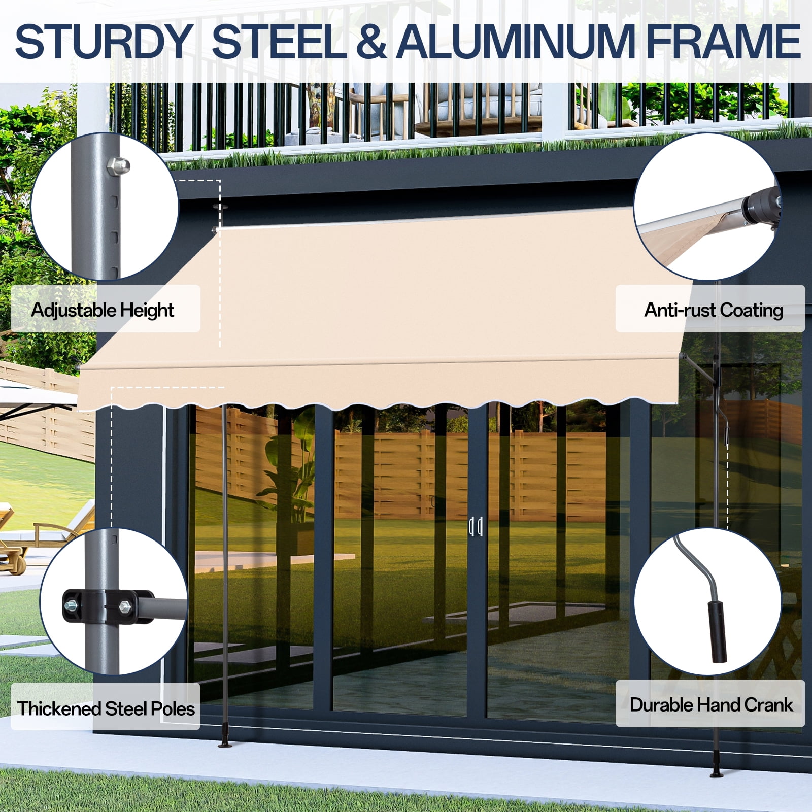 Retractable Awning Khaki, 118.1"D x 47.2"W x(78.7 -118.1)"H