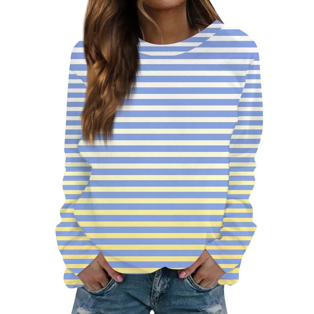 Birdeem Hauts pour Femmes Manches Longues Mode Décontractée Dégradé Rayé Imprimé Chandail en Molleton Manches Longues Col Rond Hauts pour Femmes