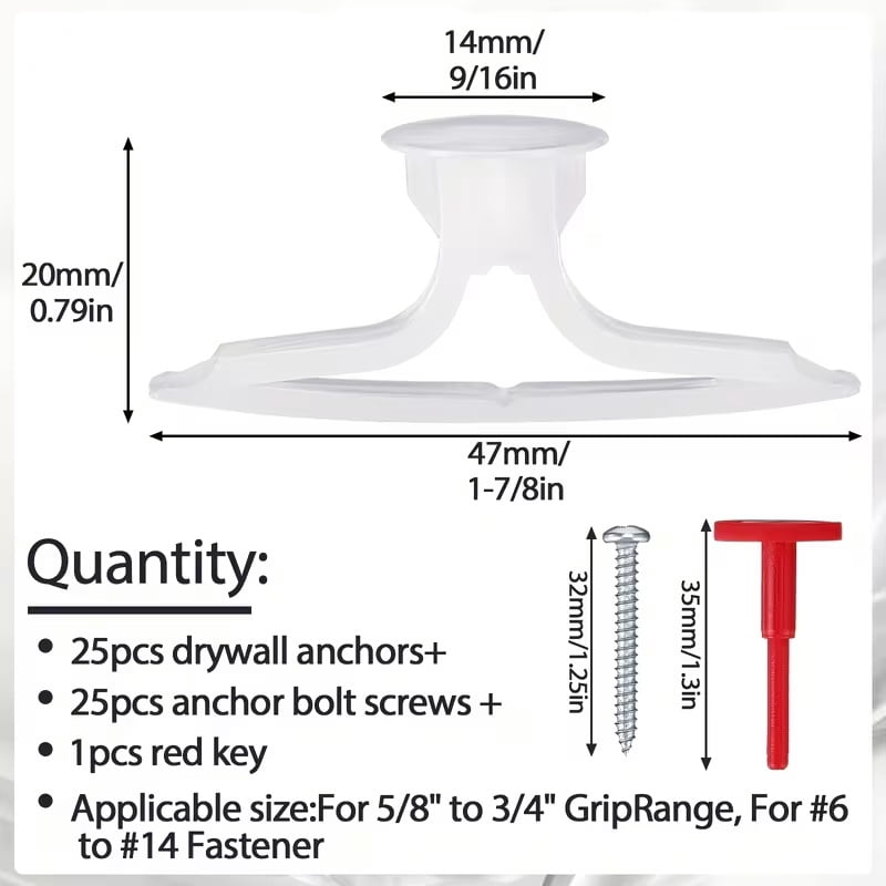 25 Pack Drywall Anchor Set - Plastic Self-Drilling Expanding Cavity Wall Screws for Easy Installation
