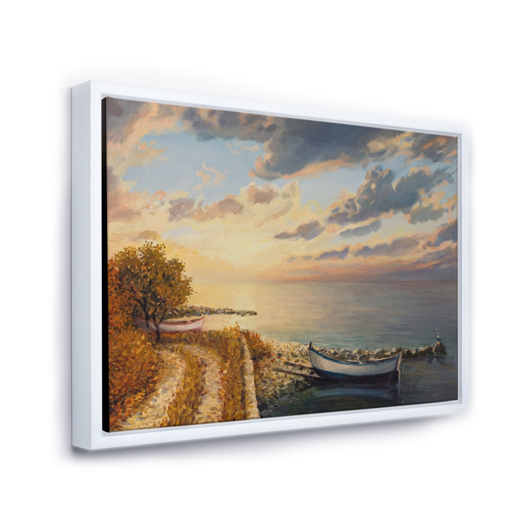 Romantic Morning By The Sea 20 in x 12 in Framed Painting Canvas Art Print, by Designart