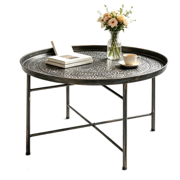 Coffee Table for Living Room – 24" Round Center Table with Hammered Tray Top & Metal Frame, Pewter