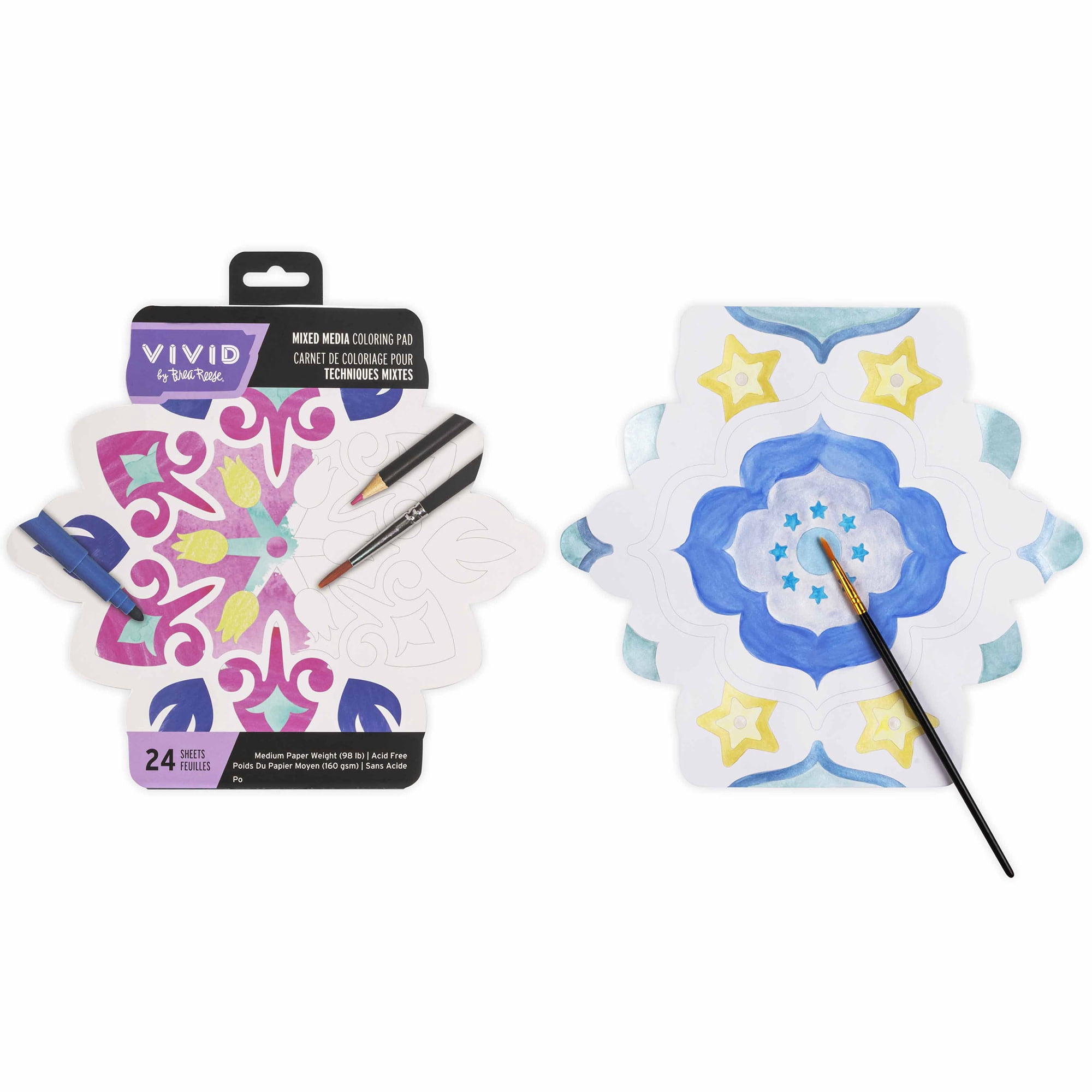 Vivid by Brea Reese: Mixed Media Coloring Pad - Tile - 24 Shaped Sheets in 8 Pattern Designs, Art Paper Pages For Paints-Markers-Colored Pencils