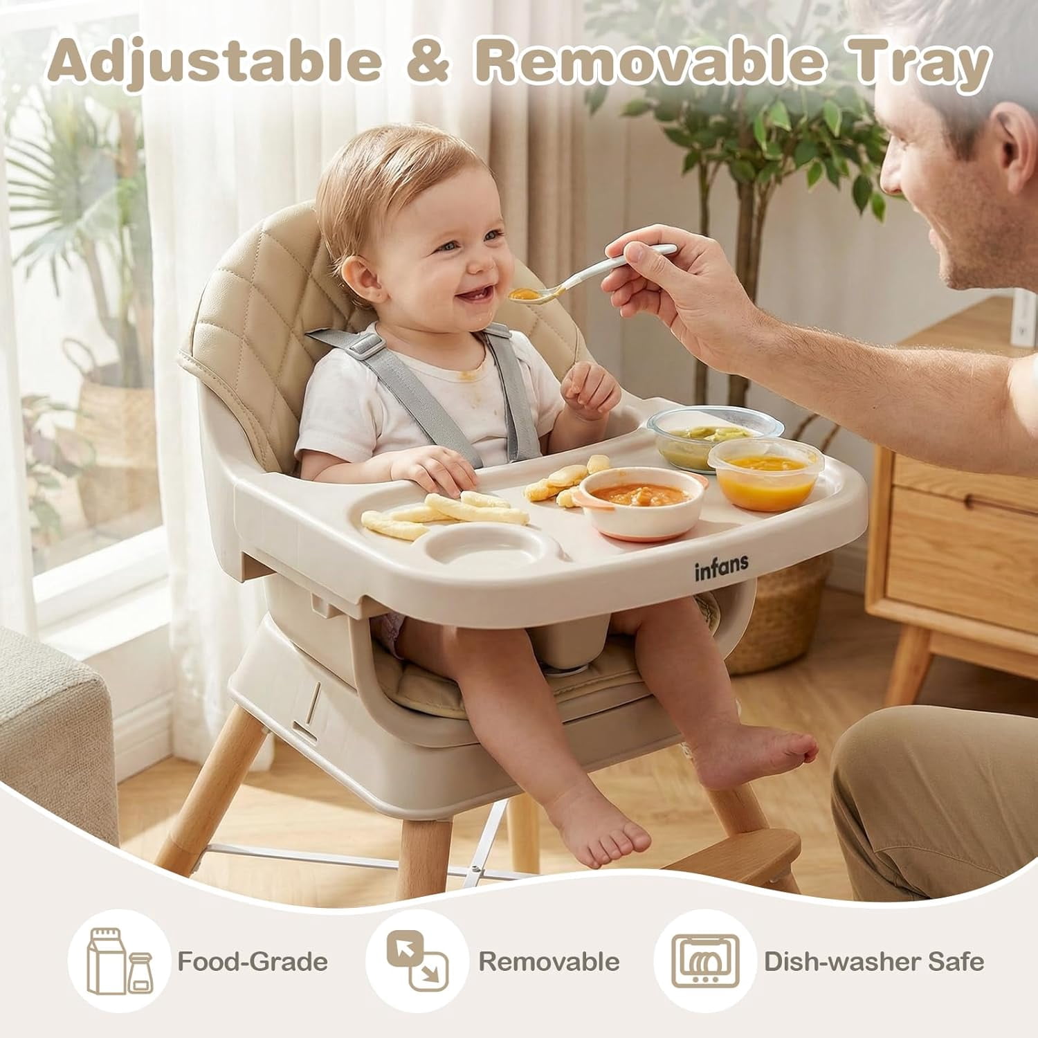 INFANS Baby High Chair, 6 in 1 Wooden Convertible Highchair for Babies and Toddlers, Infant Dining Booster Seat Kids Stool with Adjustable Removable Tray
