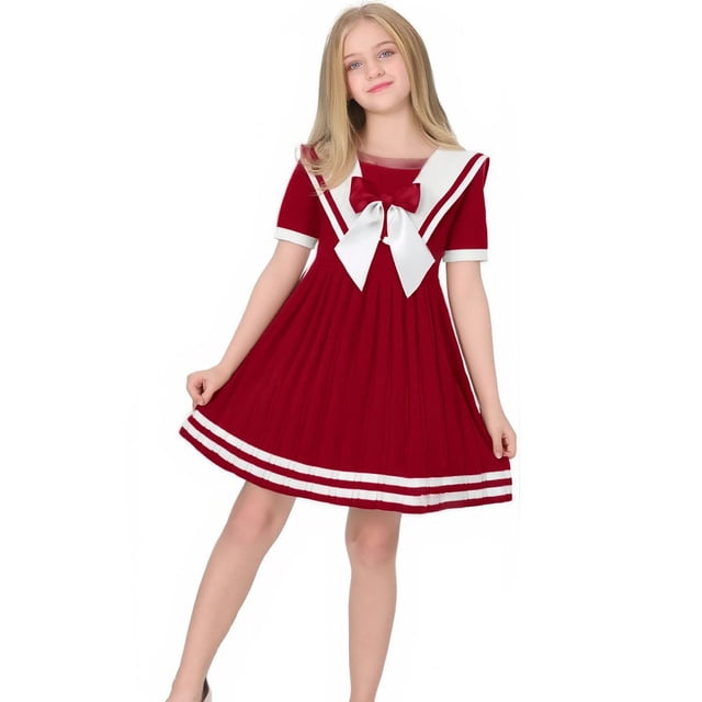 HXWCHs Robe Fille Robe de Marin Nautique pour Filles Tenue d'École et Décontractée Printemps Été Manches Courtes Tenue Étudiante Rouge 6-7 Ans