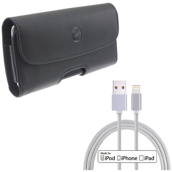MFi USB Cable w Case Belt Clip for iPhone XS/X - 6ft Certified Charger Cord Power Wire, Leather Holster Cover Pouch Loops for iPhone XS/X