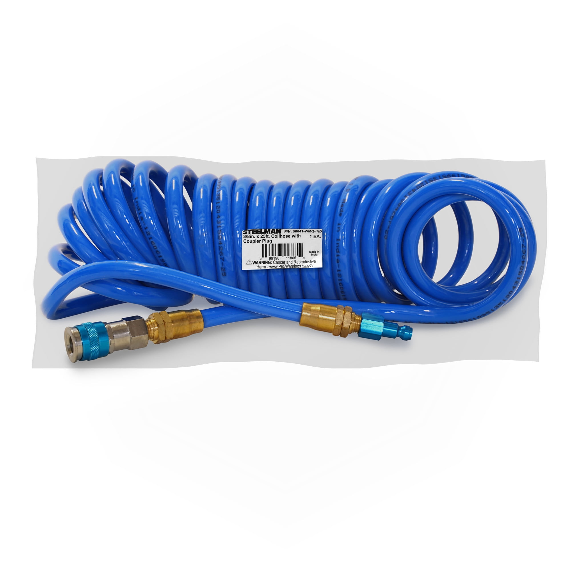 STEELMAN 50041-WMQ-IND 25-Foot Coiled 3/8-Inch ID Air Hose with Reusable 1/4-Inch NPT Brass and Quick Connect Fittings