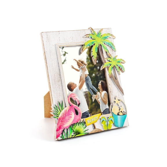 Beach Theme Photo Frame, 3D Flamingo & Palm Tree Wooden Picture Frame, Vintage Distressed Tabletop & Wall Mount Decor, 2 Color Options