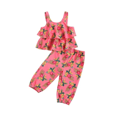 

Dewadbow Toddler Baby Girl Summer Flower Ruffles Tops And Trousers Outfit