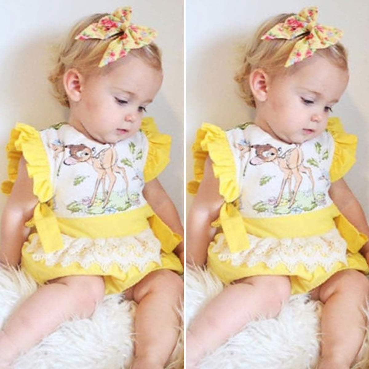 2PC Toddler Baby Girl Jumpsuit Romper Bodysuit Sunsuit+Headband Outfit Set L 