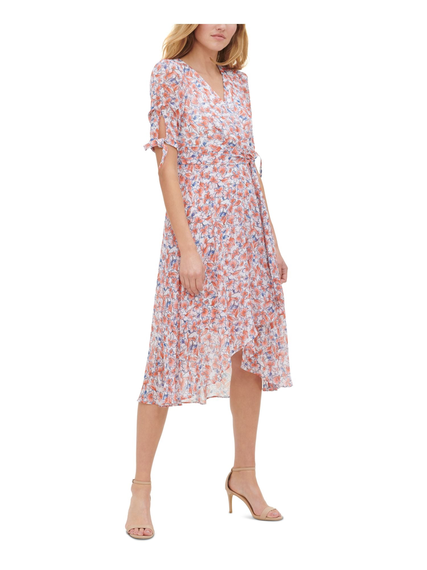 TOMMY HILFIGER Womens White Sheer Belted Floral Elbow Sleeve 