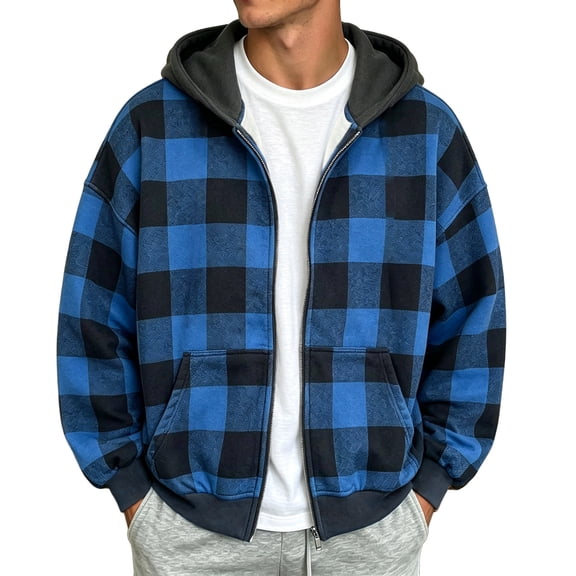 JIAYUE Men Zip Up Hoodie Stylish Plaid Color Block Oversize Long Sleeve With Pocket Sweatshirt Outerwear for Everyday Outings