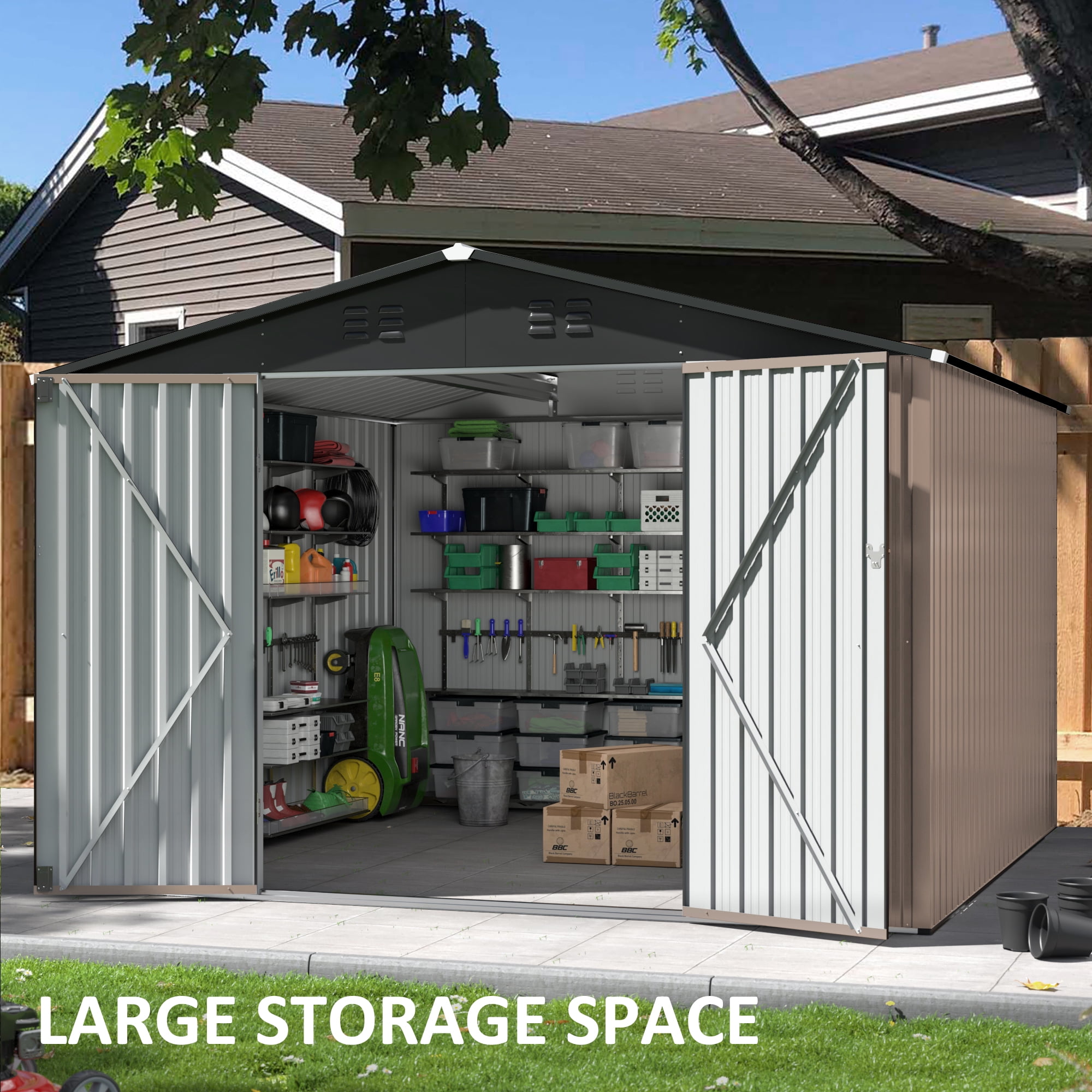 NETAJE 10'x10' Outdoor Metal Storage Shed with Updated Frame Structure and Lockable Doors for Backyard, Garden, Patio, Lawn, Brown