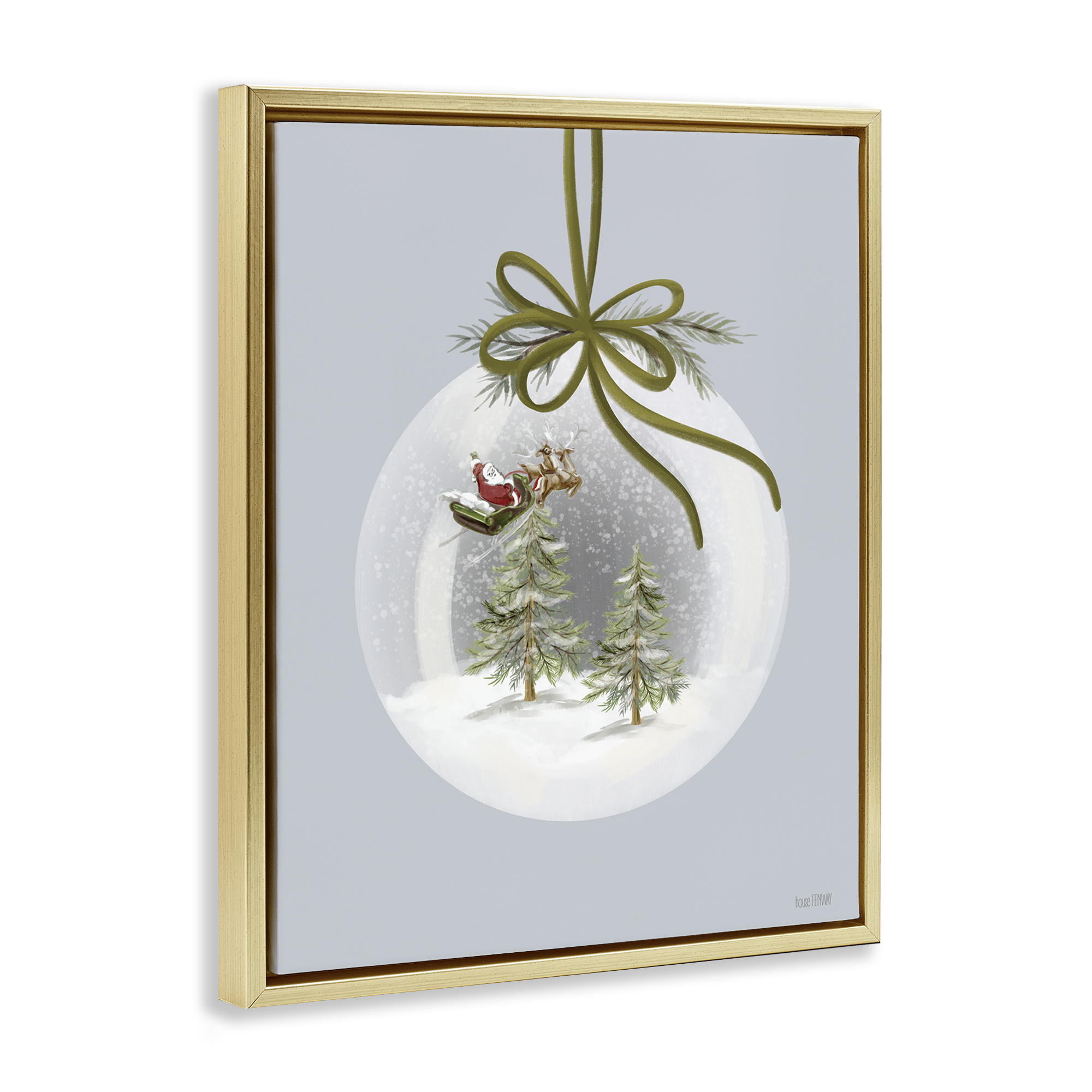 Stupell Industries Santa Sleigh Snowglobe Holiday Painting Gold Floater Framed Art Print Wall Art, 17 x 21