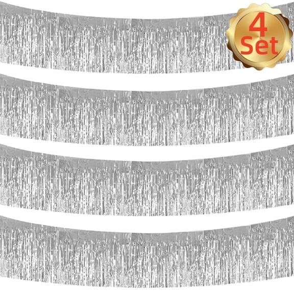 Metallic Foil Fringe Garland Tinsel Streamers, Shiny Silver Wall Hanging Decor for Wedding, Birthday, Halloween, Christmas, 4 packs of 40 feet