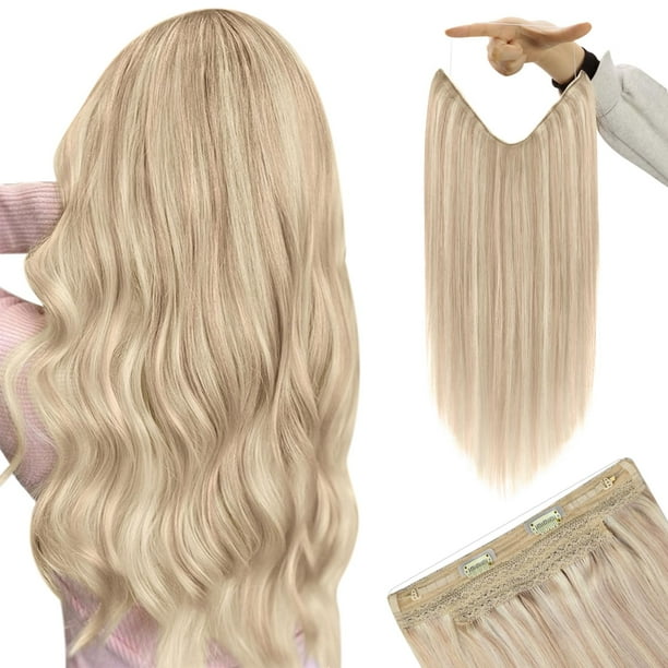 YoungSee Extensiones de cabello con alambre, cabello humano real, resaltado, línea de pescado, extensiones de cabello, reflejos rubios, rubio blanqueador con reflejos de fresa, espesor para mujeres, 8
