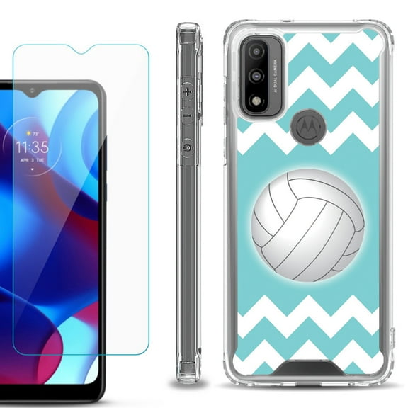 Shockproof Bumper Phone Case for Motorola Moto G Pure, with Tempered Glass Screen Protector, by OneToughShield ® - Chevron/Volleyball