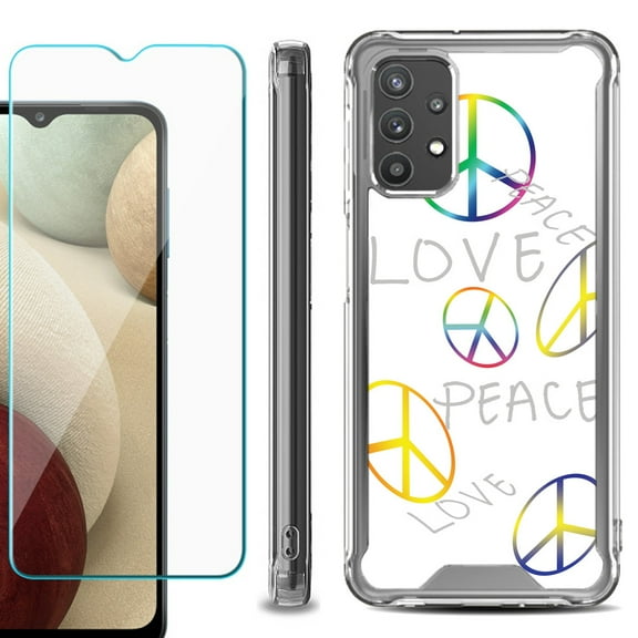 Shockproof Bumper Phone Case for Samsung Galaxy A32 5G, with Tempered Glass Screen Protector, by OneToughShield ® - Love/Peace